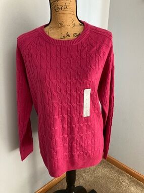 NWT Croft & Barrow Cable Knit Crewneck Sweater in Bright Pink Women Size Large